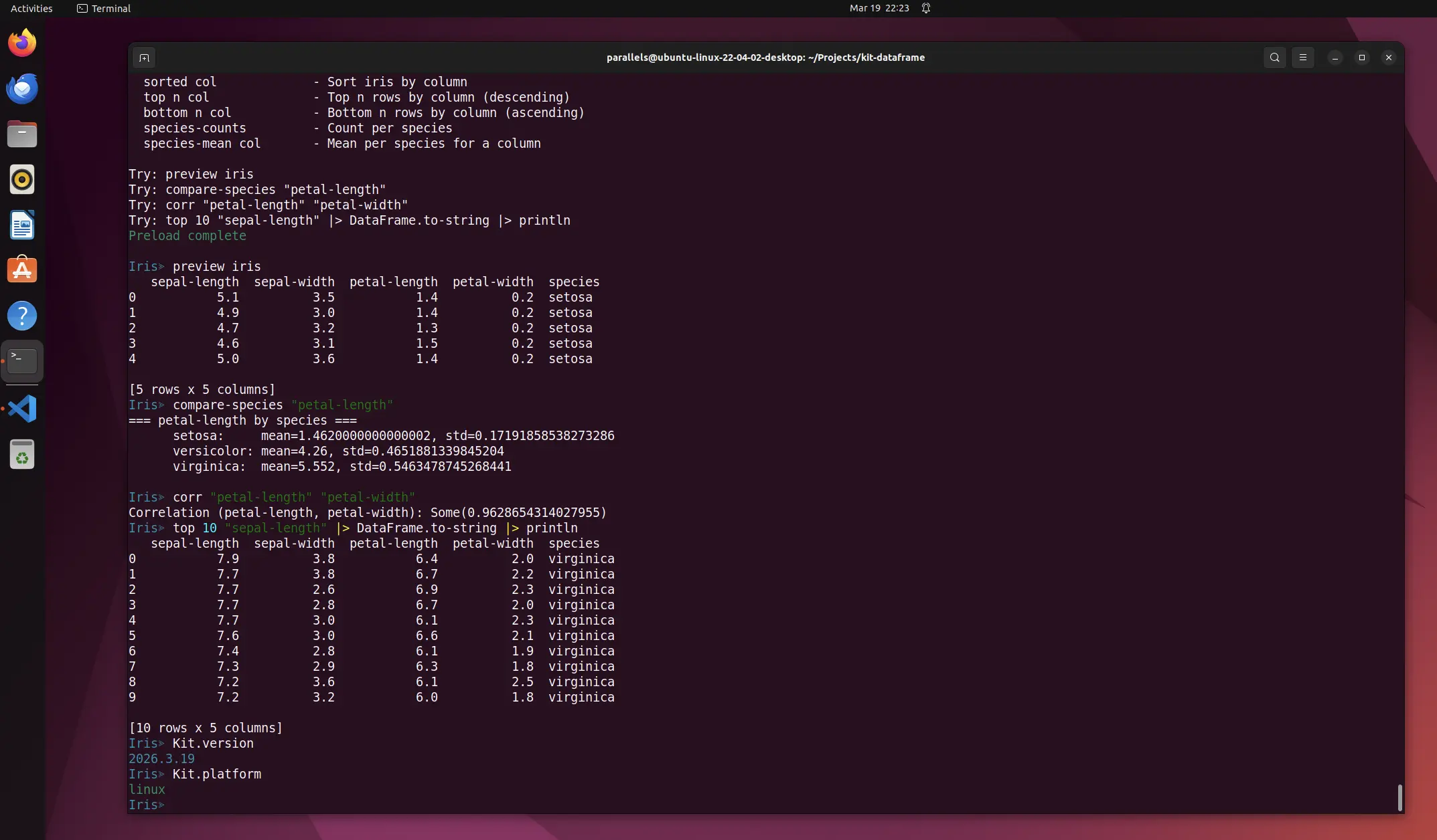Ubuntu terminal running the kit-dataframe Iris preload, previewing data, comparing species statistics, computing correlation, and showing Kit version 2026.3.19